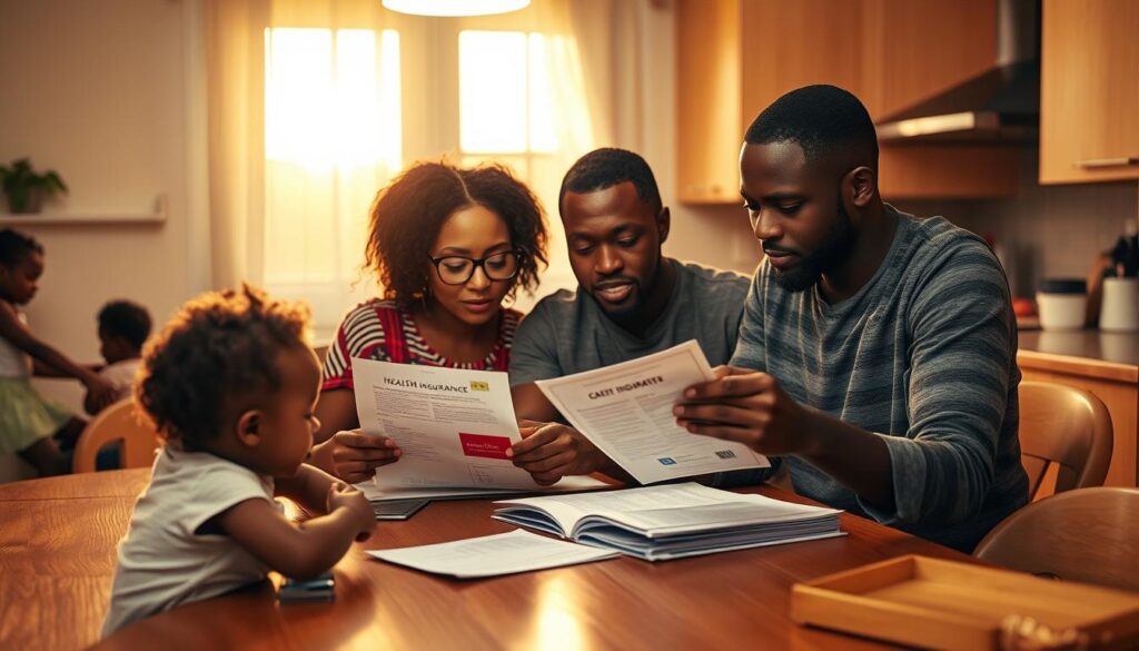A Nigerian family gathered around a kitchen table, discussing health insurance options and costs. The scene is well-lit, with warm tones from a sunset casting a soft glow. In the foreground, a mother and father are intently reviewing documents, while their children play quietly in the background. The overall mood is pensive yet hopeful, as the family navigates the complexities of securing affordable healthcare coverage. The composition emphasizes the family's unity and their collective concern for their wellbeing.
