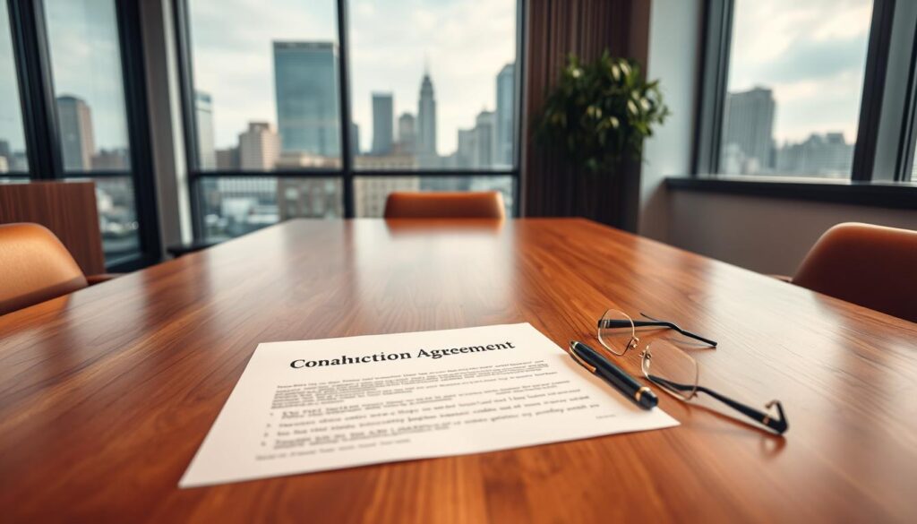 A contemporary office interior with a large wooden table, two chairs, and a window overlooking a city skyline. On the table, a legal document titled "Cohabitation Agreement" lies open, with a pen and a pair of eyeglasses next to it. The lighting is soft and warm, creating a professional yet inviting atmosphere. The camera angle is slightly elevated, capturing the scene from a thoughtful perspective.