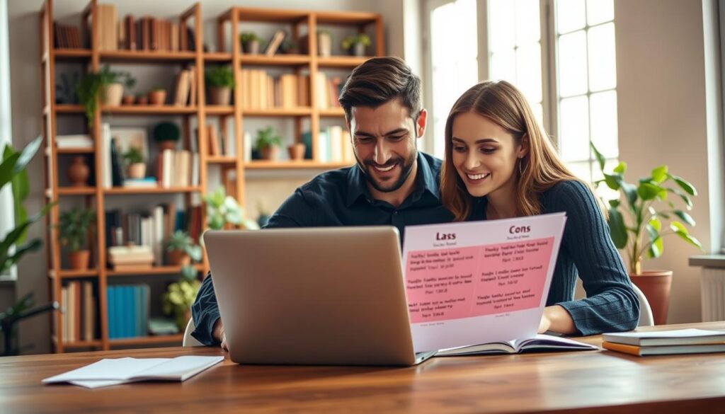 A couple sitting at a wooden desk, meticulously reviewing and comparing dating insurance plan options on their laptop. The room is well-lit, with warm, natural lighting filtering through large windows. The couple's expressions are focused, yet relaxed, as they carefully weigh the pros and cons of each plan. In the background, shelves filled with books and plants create a cozy, intellectual atmosphere. The overall scene conveys a sense of thoughtfulness and care in the decision-making process, reflecting the importance of selecting the right dating insurance for their relationship.