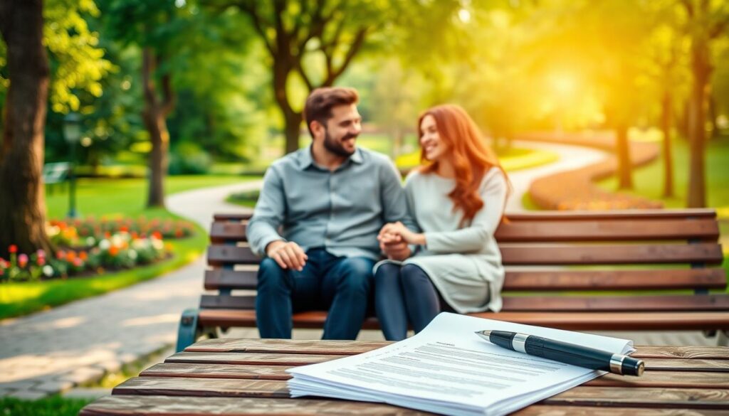 A cozy couple sitting on a park bench, holding hands and smiling at each other. In the foreground, a stack of documents and a pen, representing their joint dating insurance plan. The background features a lush, vibrant park with trees, flowers, and a winding path, conveying a sense of security and tranquility. Warm, natural lighting casts a soft glow over the scene, creating an intimate and inviting atmosphere. The image should highlight the key benefits of a joint dating insurance plan, such as shared financial responsibilities, emotional support, and a sense of long-term commitment.