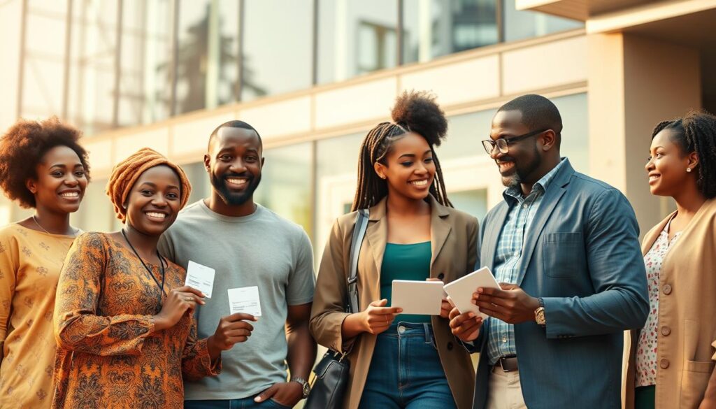 A diverse group of Nigerian immigrants standing confidently in front of a modern healthcare facility, representing their access to affordable, high-quality health insurance options in the United States. The scene is bathed in warm, natural lighting, capturing the sense of security and well-being. In the foreground, a family of four smiles, showcasing their health insurance cards. In the middle ground, a young professional couple discusses their coverage details with a friendly insurance agent. The background features a sleek, glass-paneled building, symbolizing the advanced, state-of-the-art healthcare system available to the Nigerian immigrant community.