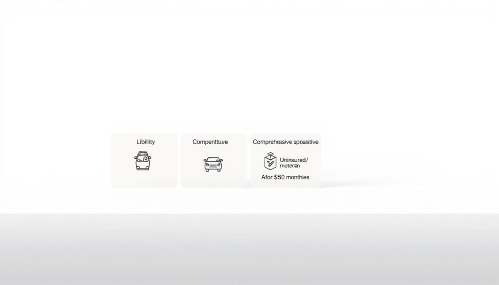 A minimalist line art illustration depicting the key auto insurance coverage options available within a $50 monthly budget. The foreground features simple icons representing liability, collision, comprehensive, and uninsured/underinsured motorist coverages, neatly arranged in a grid layout. The middle ground showcases subtle gradient backgrounds in muted, calming tones to draw focus. The background is a plain, clean white space, illuminated by soft, diffused lighting to create a modern, refined aesthetic. The overall composition conveys a sense of clarity, efficiency, and practicality - reflecting the pragmatic nature of affordable auto insurance options.