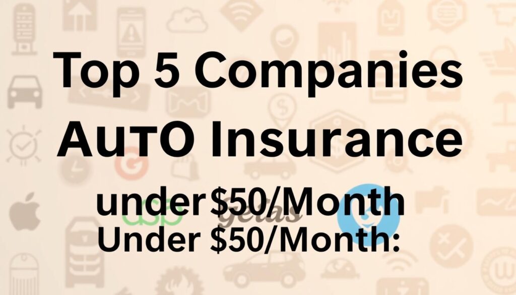 A modern, minimalist composition showcasing the logos and branding of the top 5 cheap auto insurance companies. The foreground features the company logos neatly arranged in a grid, with a soft, blurred background of insurance-related icons and graphics in muted tones. The lighting is warm and slightly diffused, creating a sense of professionalism and trustworthiness. The angle is slightly elevated, giving the viewer a birds-eye perspective on the companies. The overall mood is one of affordability, accessibility, and reliable coverage, reflecting the section title "Top 5 Companies Offering AUTO INSURANCE Under $50/Month".