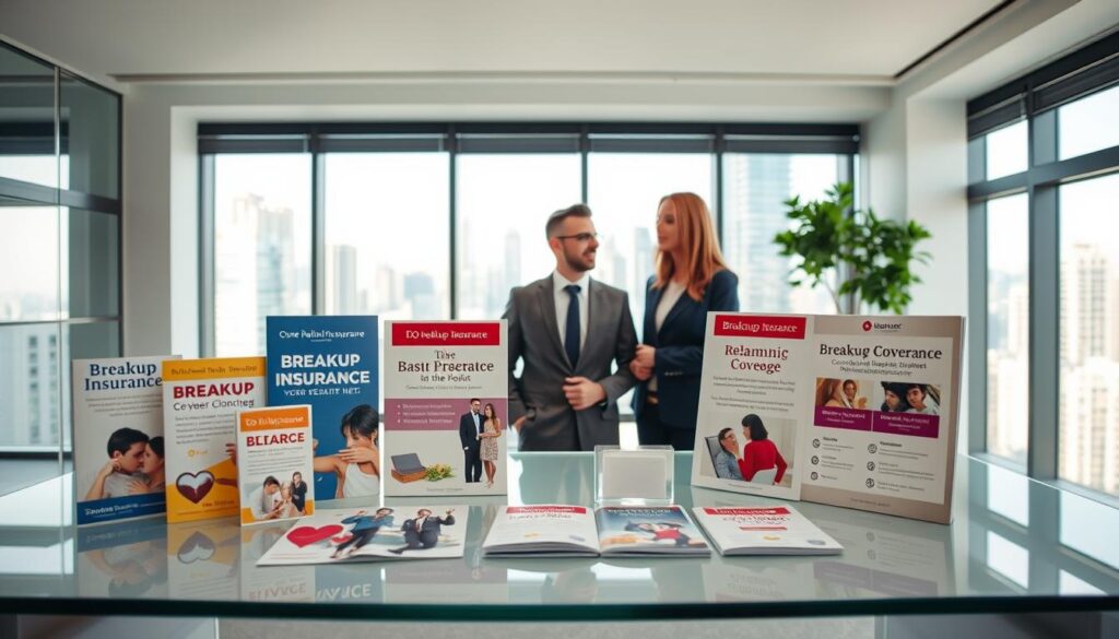 A modern office interior with a clean, minimalist aesthetic. In the foreground, an array of insurance products and brochures are displayed on a sleek, glass-topped desk, depicting various "breakup insurance" offerings such as relationship protection plans, divorce coverage, and financial safety nets. The middle ground features a well-dressed, professional-looking person discussing these products with a client, their expressions conveying the importance of such financial safeguards. The background showcases large windows overlooking a bustling city skyline, emphasizing the urban, contemporary setting. The lighting is soft and inviting, creating a sense of reassurance and security. The overall mood is one of pragmatism, empowerment, and financial prudence in the face of relationship uncertainties.
