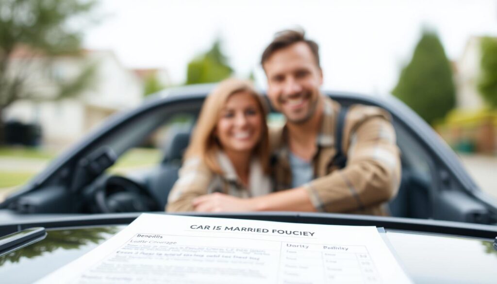 A modern, well-designed car insurance policy document with a focus on married couples, depicted in a clean, minimalist style. The document is set against a bright, airy background with soft lighting, creating a sense of trust and professionalism. The foreground features the policy details prominently, with clear headers and neatly organized information. The middle ground showcases a happy, smiling married couple, conveying the benefits of their joint coverage. The background hints at a suburban setting, with a subtle pattern or texture that adds depth and sophistication to the overall composition.