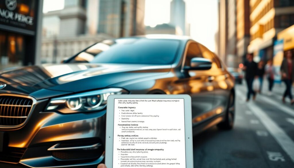 A sleek, modern sedan on a city street, its exterior gleaming under warm, golden sunlight. The car's facade is adorned with various safety features, including advanced driver assistance sensors and a prominent logo representing a well-known auto insurance provider. In the middle ground, a tablet displays a comprehensive insurance policy, with detailed coverage information and personalized options. The background is a blurred urban landscape, with skyscrapers and pedestrians, conveying a sense of financial security and protection in the bustling environment.