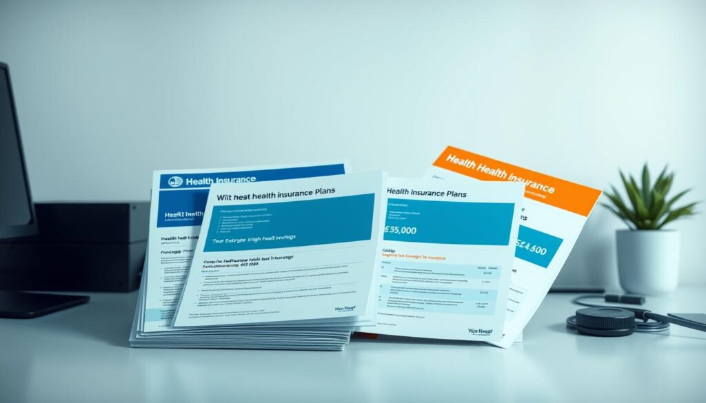 A vibrant, photorealistic image of various health insurance plans laid out on a clean, minimalist office desk. The plans are neatly stacked and organized, with a focus on the details - the logos, coverage information, and premium pricing. Soft, directional lighting illuminates the scene, casting subtle shadows and highlights that emphasize the textures and materials. The overall atmosphere is one of professionalism, clarity, and trust, reflecting the importance of selecting the right health coverage. The background is a simple, neutral workspace, allowing the insurance plans to take center stage and convey a sense of importance and consideration.